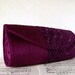 Plum purple silk clutch purse with lace overlay. Formal clutch bag.