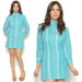 60s Mod Mini Day Dress Bright Turquoise Striped Long Sleeve Mock Collar Shift / Twiggy Gogo / Size M Medium