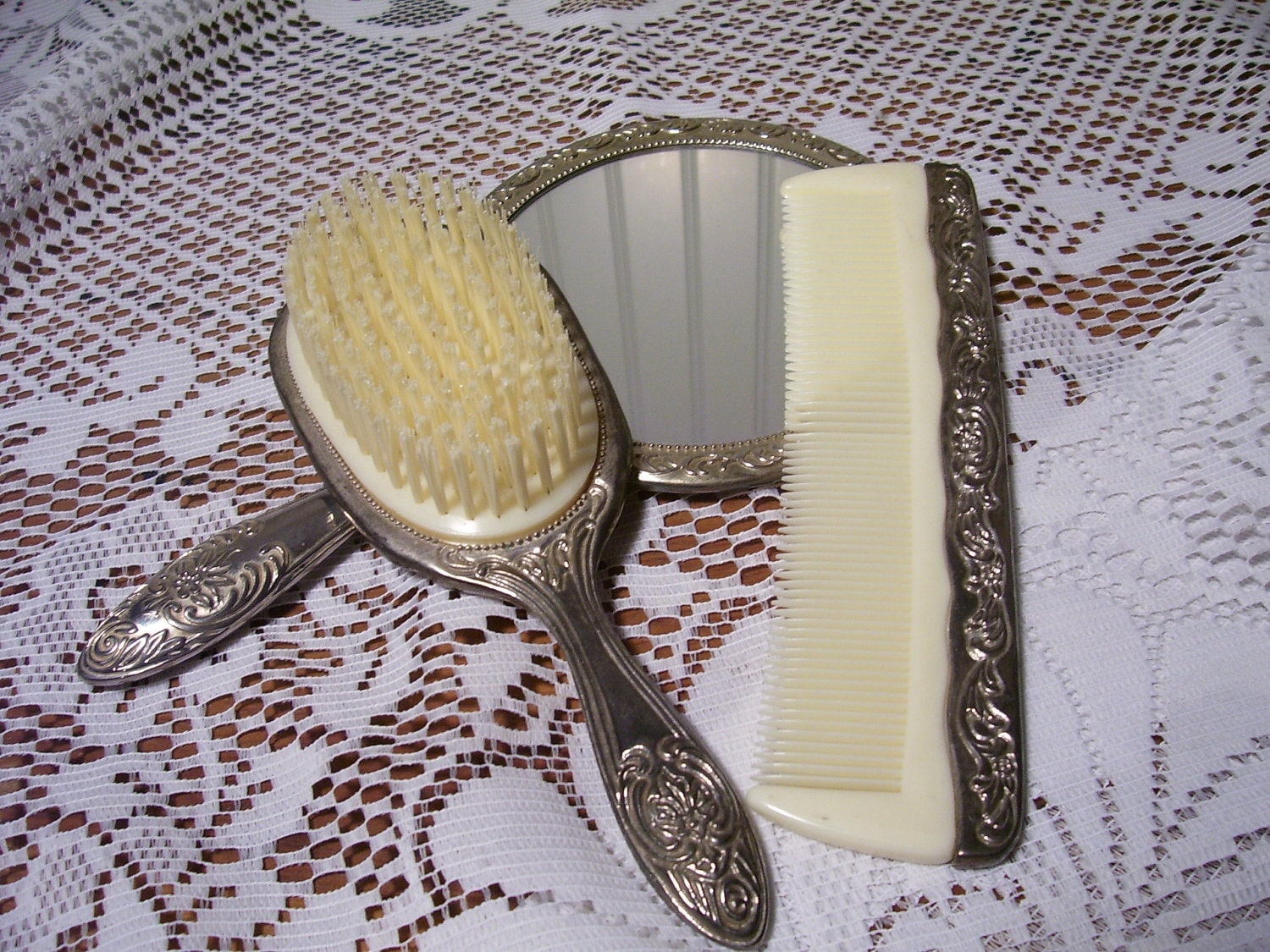 Vintage Silver Hand Mirror Brush and Comb Vanity Set