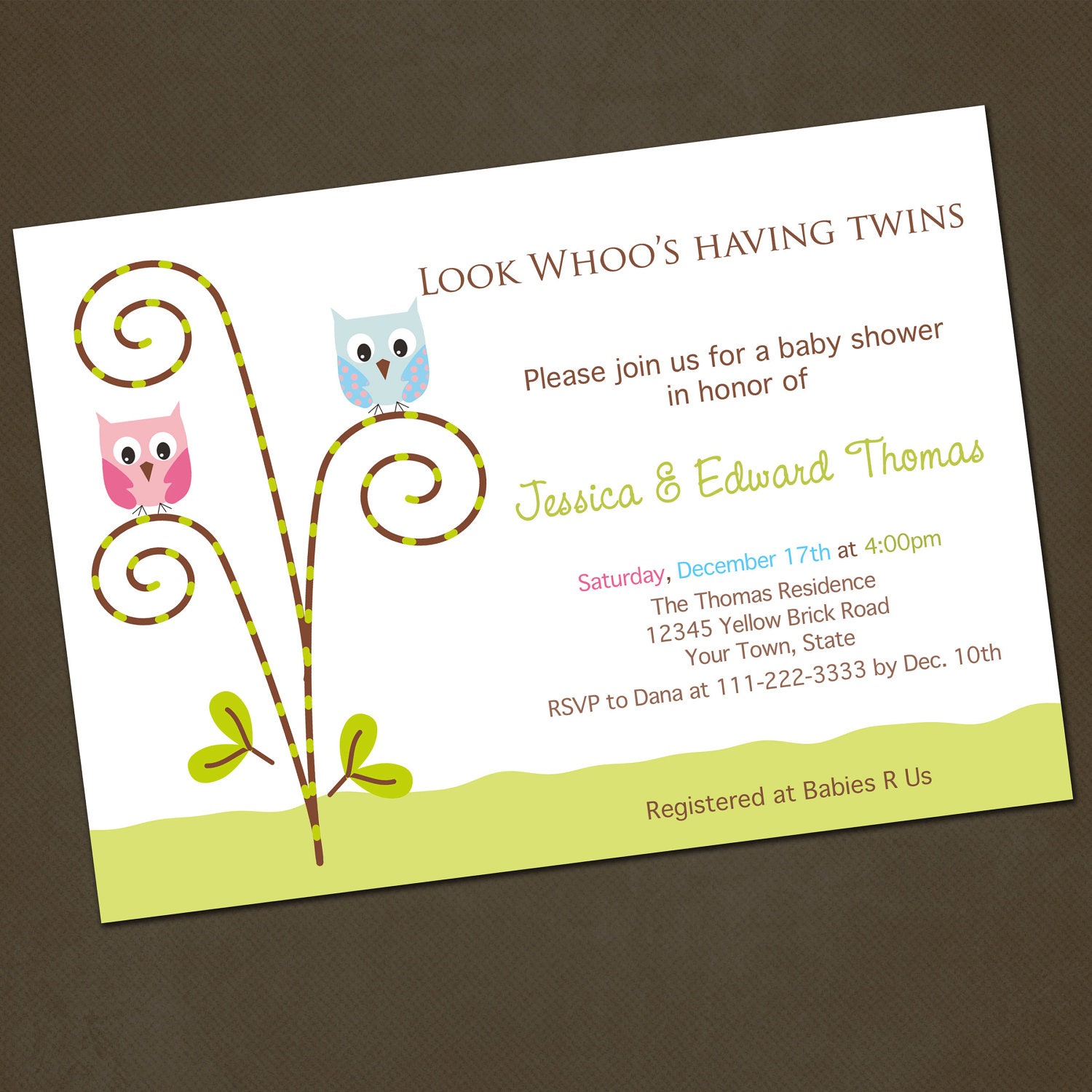 Owl Twins Baby Shower Invitations You Print