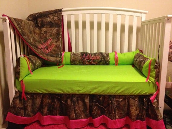 Camo RealTree with lime & pink baby Crib Bedding Set with