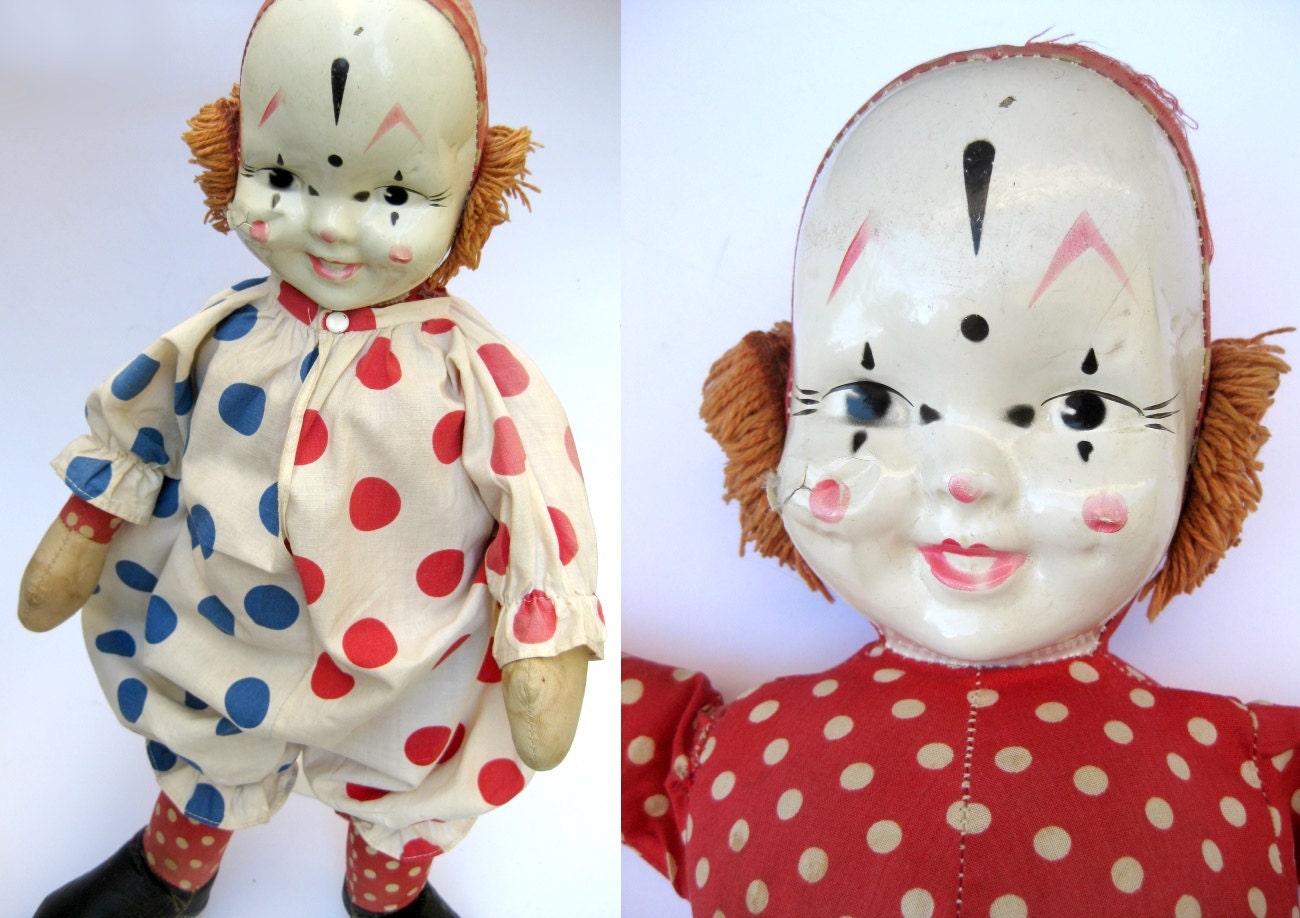 Antique Polka Dot Clown Doll Weathered Vintage Cloth