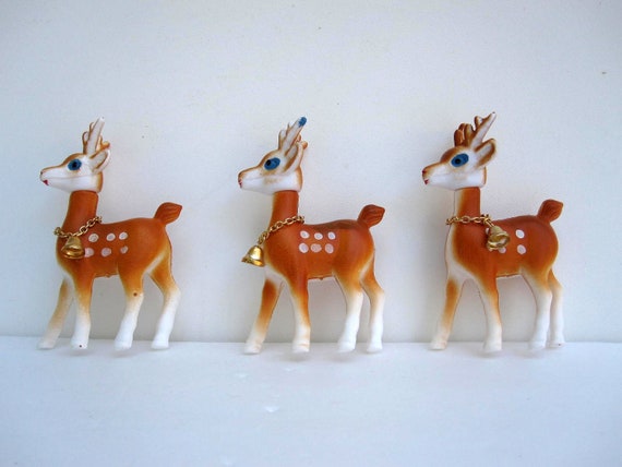 Christmas Reindeer Ornaments Set of 3 Deer Figurines Mid