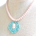 Pink Cameo and Pearl Glass Bead Vintage Aqua Blue Filigree Pink Cameo Pendant Glass Bead Necklace - Bridesmaids , Wedding,Romantic