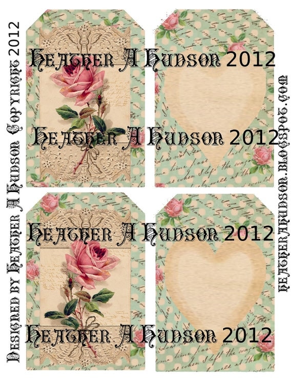 Shabby Vintage Blue Roses Digital Collage tags