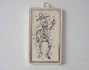Skeleton Day of the Dead Necklace Rubber Stamped Leather Metal Bezel