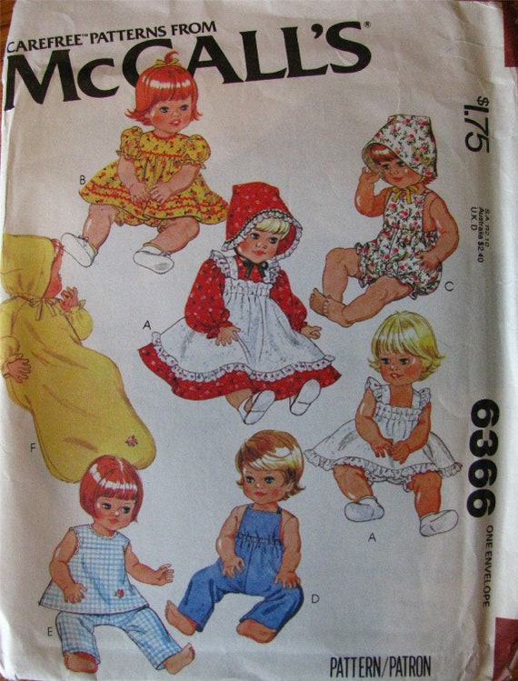 BRAND NEW - Vintage Doll Pattern McCall's 6366 Clothes Wardrobe Dress Pinafore Panties Sunsuit Bonnet Overalls Top Pants Bunting Nightgown