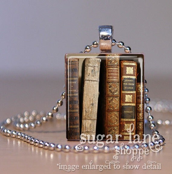 Antique Vintage Books Necklace BRB1 Gold Burgandy