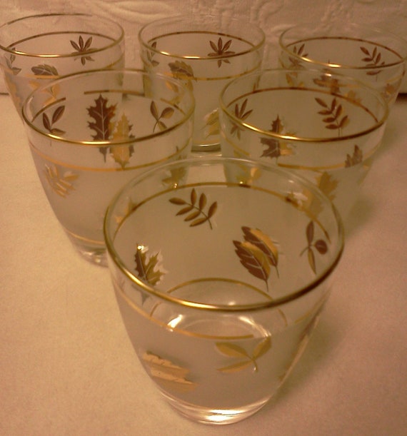 Libby Autumn Fall Gold Leaf Frosted Highball Tumbler Glasses