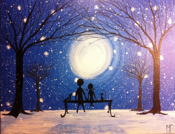 Boy girl cat and dog on a bench painting-Best friends forever