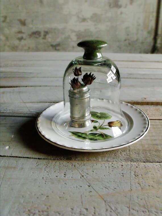 Glass Cloche with Vintage Green Wooden Knob by therhubarbstudio