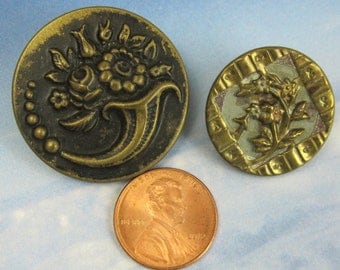 2 Antique Victorian Buttons Floral Brass Picture Button Metal Button 176