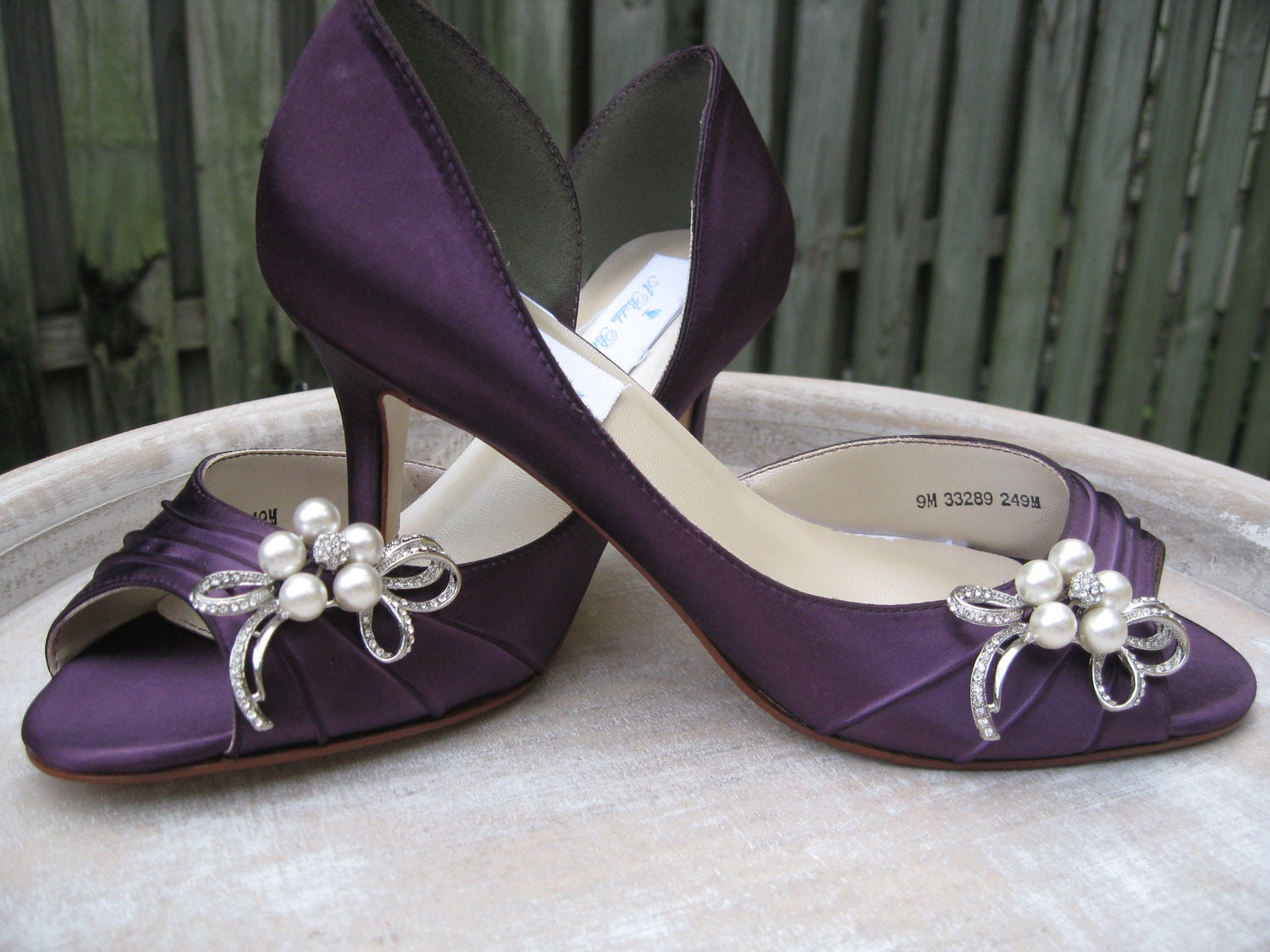 Purple Eggplant Bridal Shoes with Pearl and Crystal Bow Brooch
