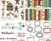 25% OFF SALE Christmas Digital Scrapbook Kit with Papers, Frames, and Clip Art - Deck The Halls Kit 1 Il_170x135