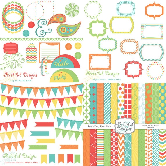 50% Off SALE Digital Scrapbook Kit Scrapbooking Paper Digital Frame Clip Art  79 Items Beach Party (491) (454) (492) (447)