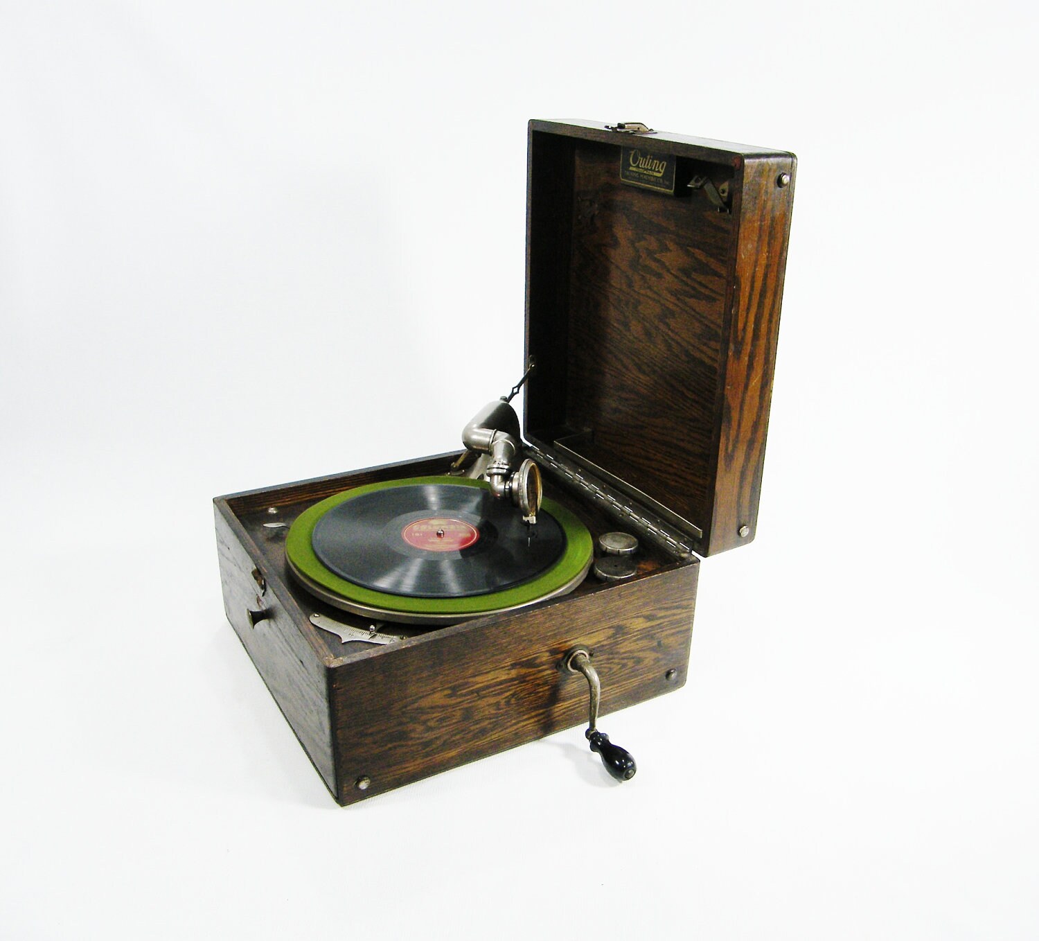 Vintage Suitcase Phonograph 1919 Outing hand crank record