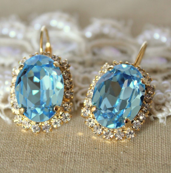 Crystal aqua blue earring 14k plated gold earrings by iloniti