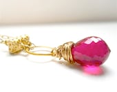 Dark Pink Topaz Necklace Matte Gold Pendant . AAA Gemstone . Gold Filled Chain, Luxe  Handmade Jewelry