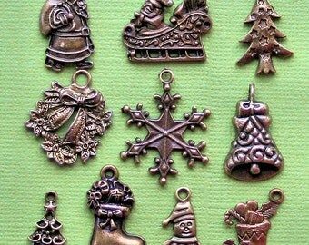 Christmas Charm Collection Antique Bronze Tone 10 Different Charms - COL168