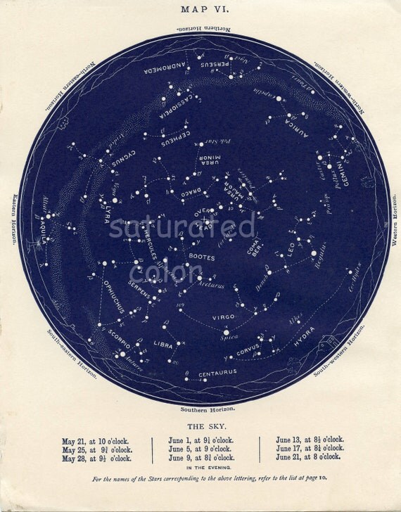 May / June Night Sky Constellations Antique Star by SaturatedColor