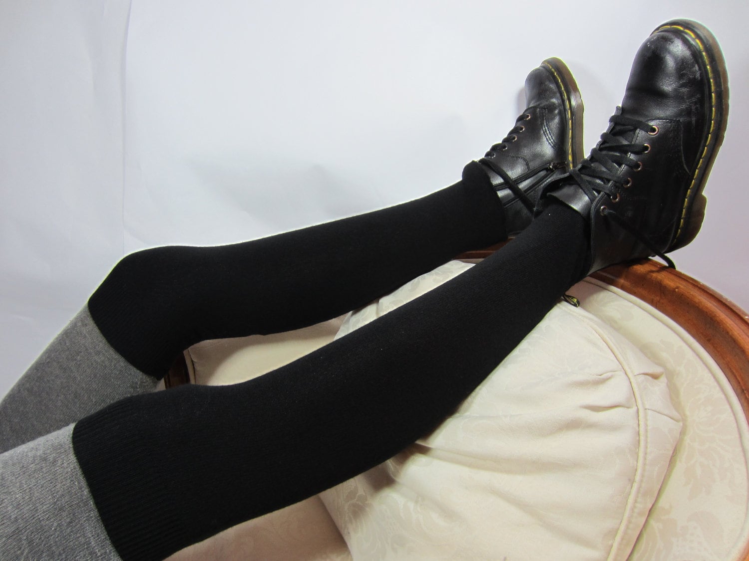 Black Merino Wool Thigh Highs Socks Leg Warmers Over The Knee