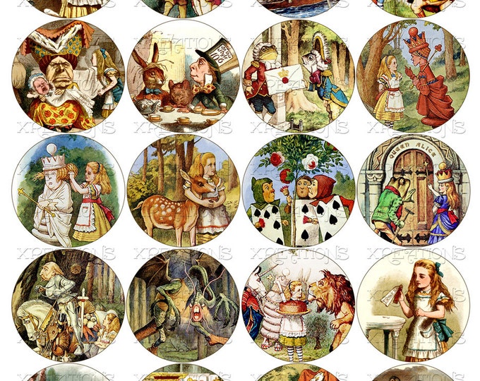 Alice' Adventures in Wonderland in 2 inch Circles - Digital Collage Sheet