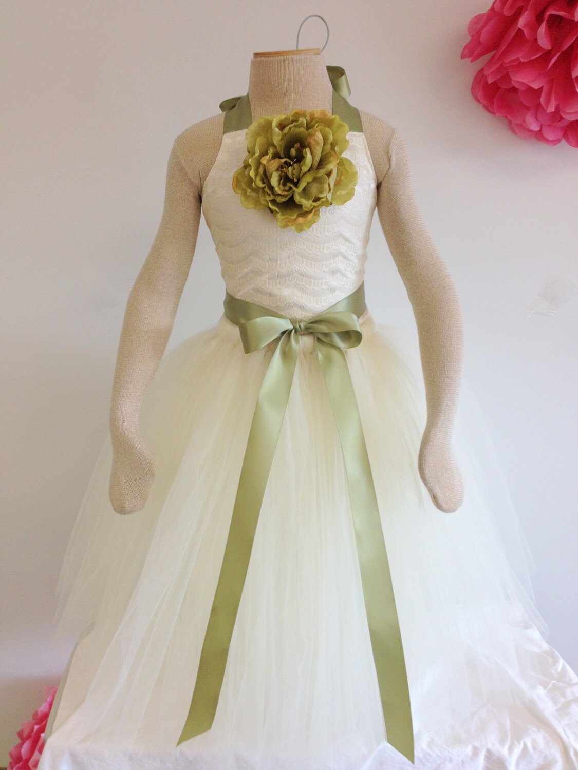 Items similar to Flower Girl Dress Sage Green and Ivory Ivory tutu