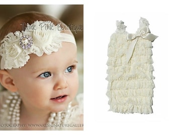 Ivory petti lace romper and headband SET, petti romper,baby headband, flower headband,vintage inspired headband and lace petti romper.