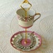 SALE Alice Sings Brightly, Rapberry Pink 2 Tier Vintage China Jewelry Stand, Business Card Holder or Mini Tea Tray - Free US Shipping