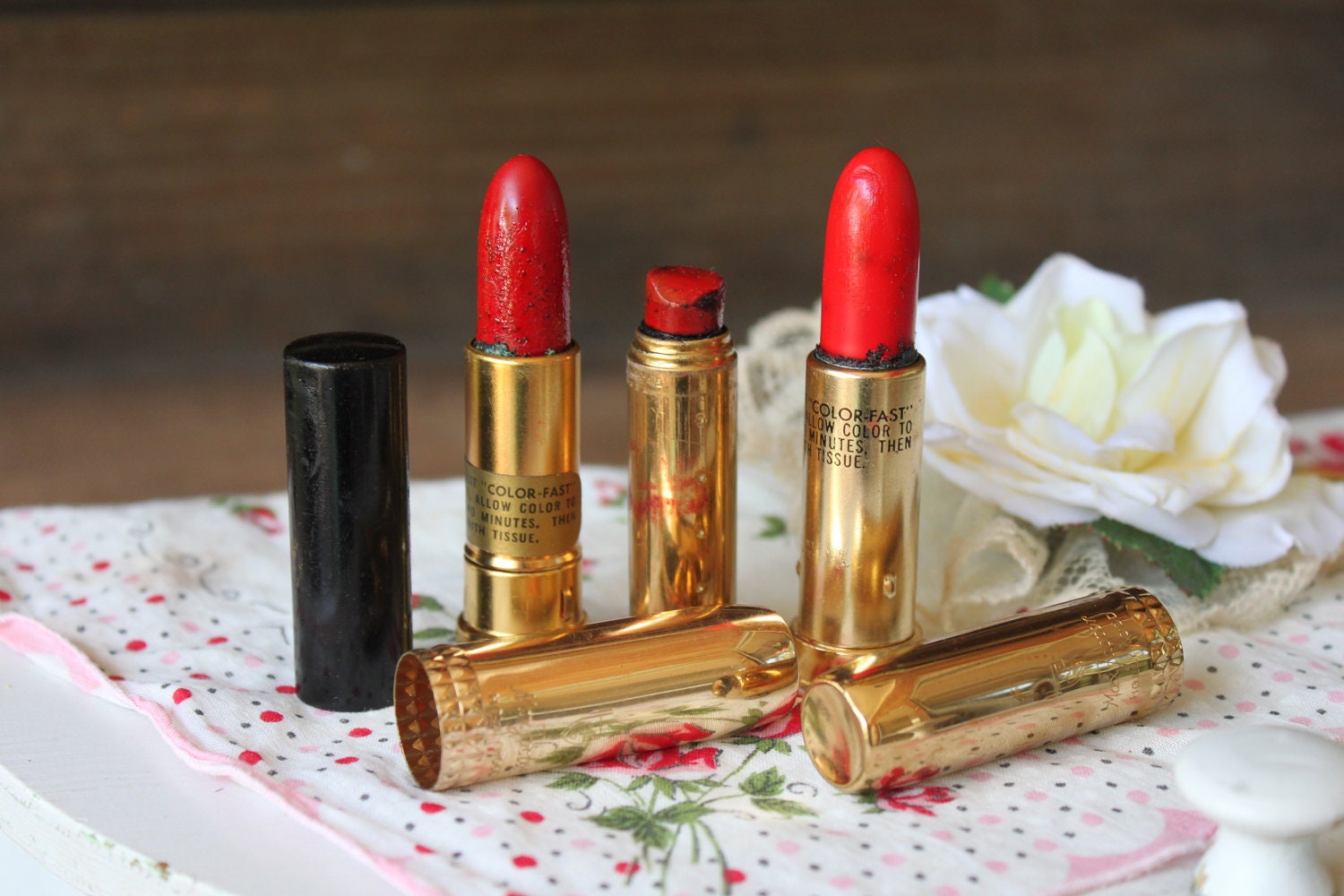 Vintage LIPSTICK cases Max Factor Helena Rubinstein RED Set