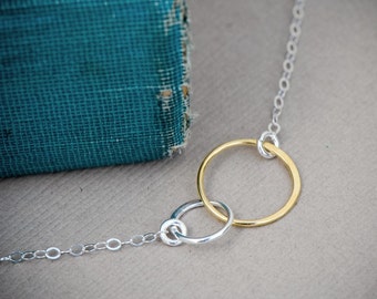 Mother Daughter Circle Necklace, SILVER and GOLD Mixed Metals Necklace, Interlocking Rings Necklace, Bridesmaid Jewelry, Circle Necklace