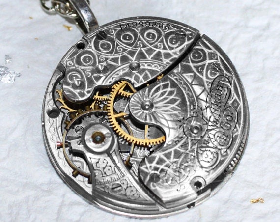 Steampunk Necklace: Spectacular 100 Yrs Old Antique Pocket Watch Movement Silver GUILLOCHE ETCHED Men Steampunk Necklace - Wedding Gift