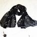 French Black Silk Scarf with Gray Microfiber Flowers ..Elegant, Bohemian Silk Scarf