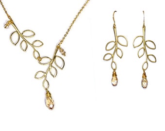Leafy branch earrings and necklace in gold with faceted crystal briolette (Swarovski)