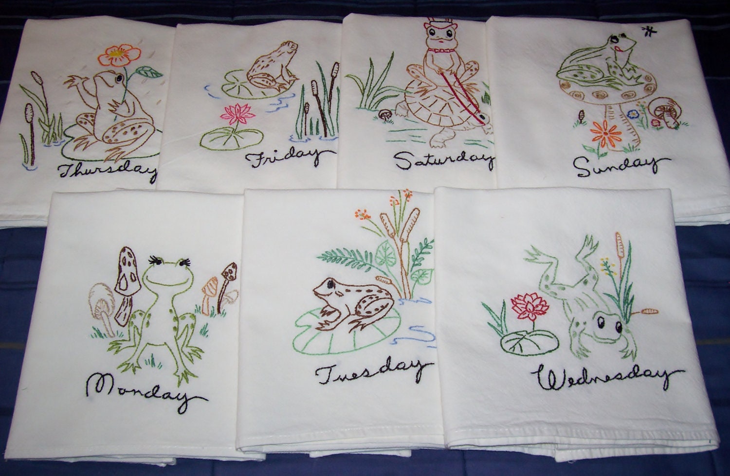 Hand Embroidered Frog Tea Towel/Dish Towel Set