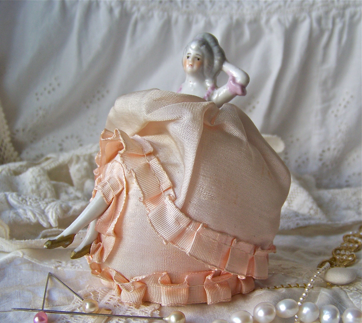 Vintage Pin Cushion Doll With Legs Porcelain Half By Cynthiasattic