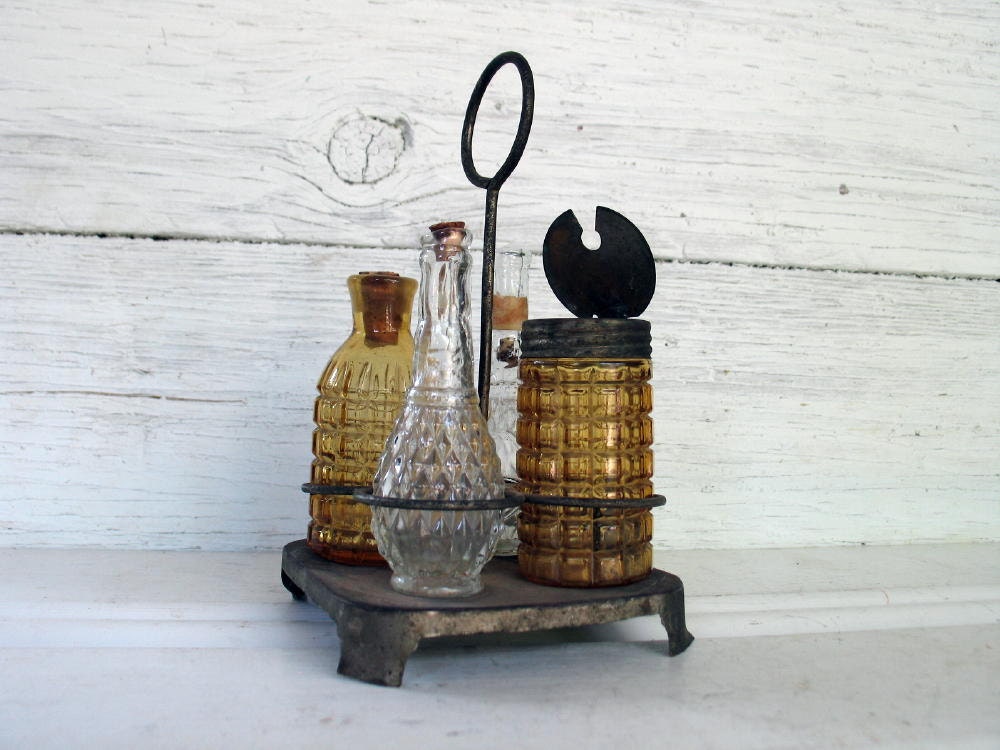 Antique Metal Condiment Caddy Set with Decorative Amber Glass