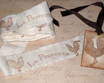 Muslin La Provance Rooster Vintage Hand Stamped Muslin Ribbon ECS