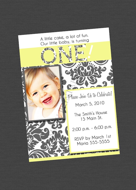 Yellow Grey White Damask 1st Birthday Invitation Il_570xn