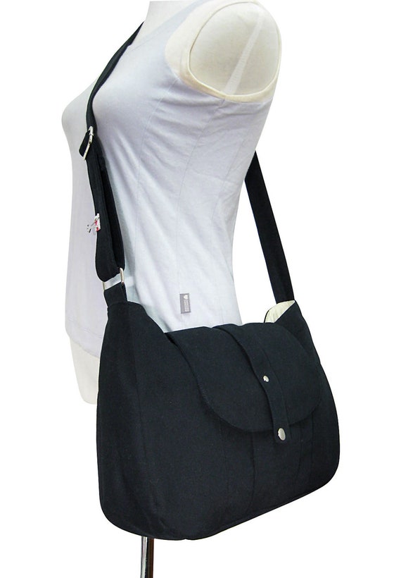 black cotton canvas bag  messenger bag  shoulder bag  cross body ...