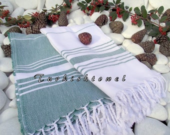 Set of 2-Turkishtowel-Soft-High Quality,Hand Woven,Beach,Pool,Spa,Yoga,Travel Towel or Sarong-Green,White Stripes