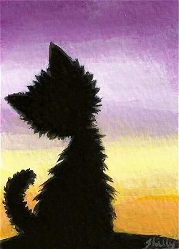 ACEO Original Painting Black Cat Silhouette Art by Shelly