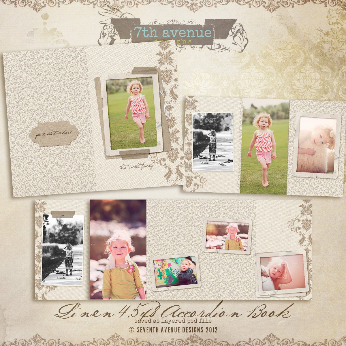 Linen 4.5x8 Accordion book templates for photographers