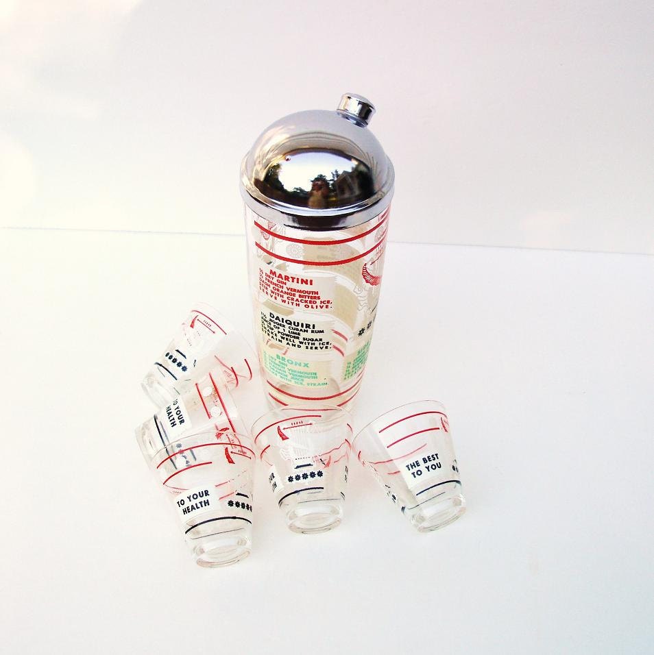Vintage Cocktail Shaker and Glasses Mid Century Barware