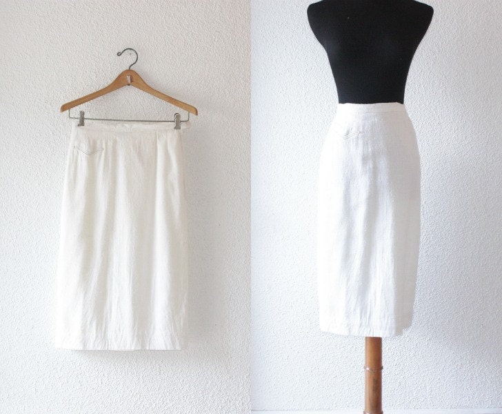 1960s snow white textured linen pencil skirt by SchoolofVintage