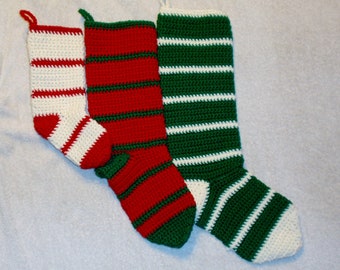 Small, Medium, And Large Crochet Striped Christmas Stocking Set Of Three