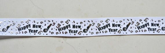 Silver foil Happy New Years streamers & confetti on white 7/8" grosgrain ribbon New Years eve Il_570xn