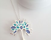 Sterling silver organic necklace / Modern silver pendant / light sea and blue enamel / enameled silver unique pendant / Ready to ship
