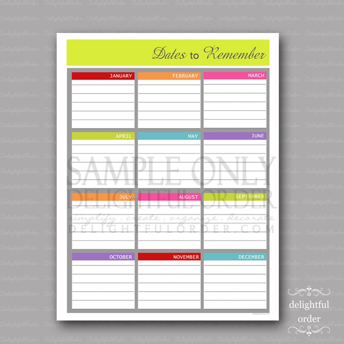 Colorful Dates to Remember List PDF Printable File