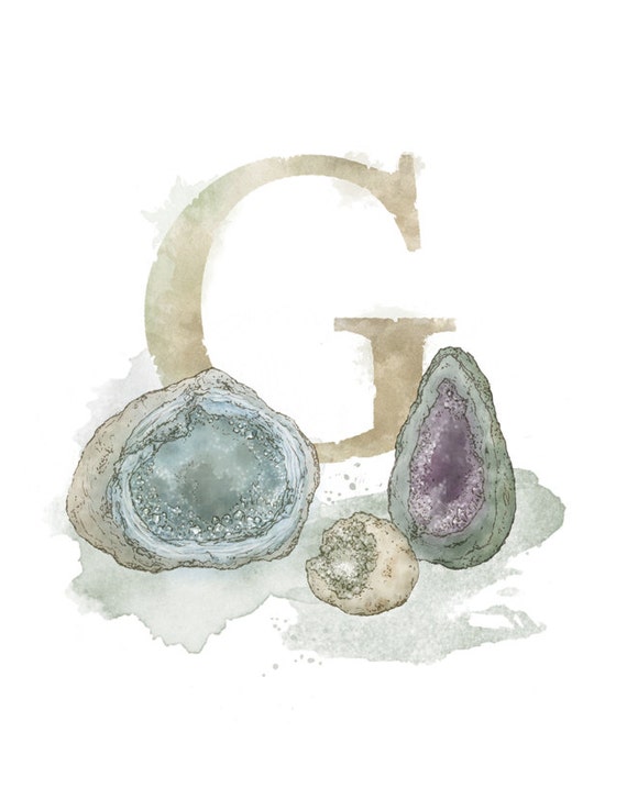 Letter G, Geode, Nature Alphabet Initial Nursery Art 8.5 x 11